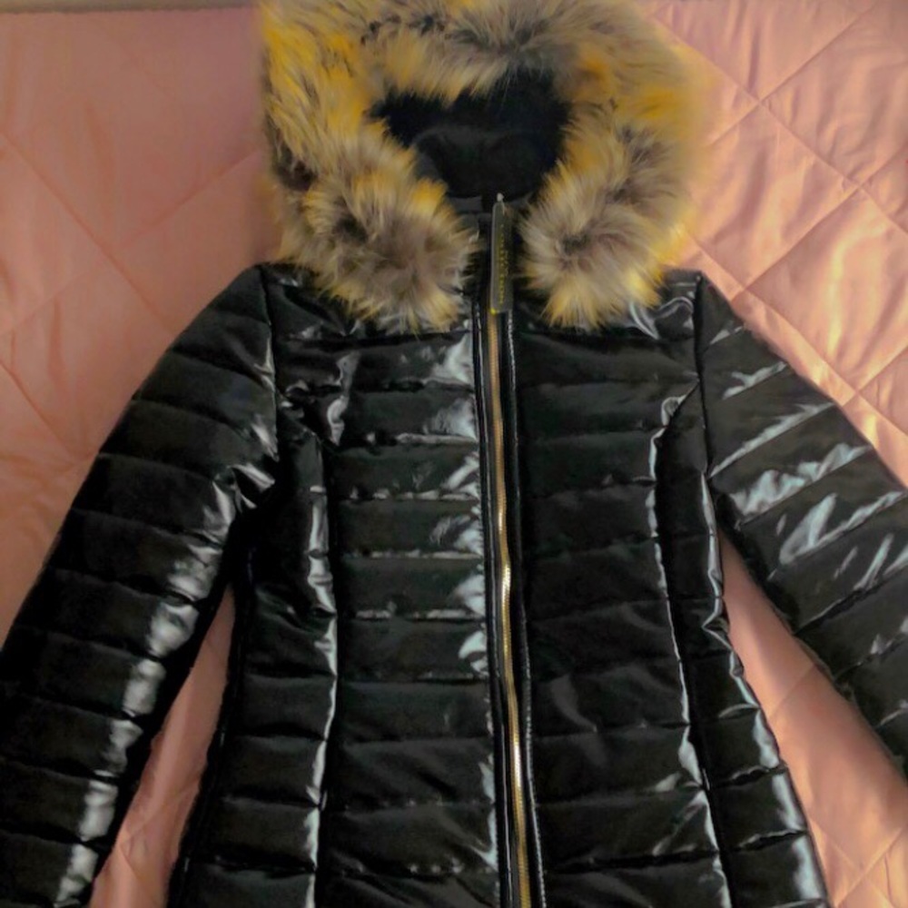 High shine with faux fur trim puffer coat